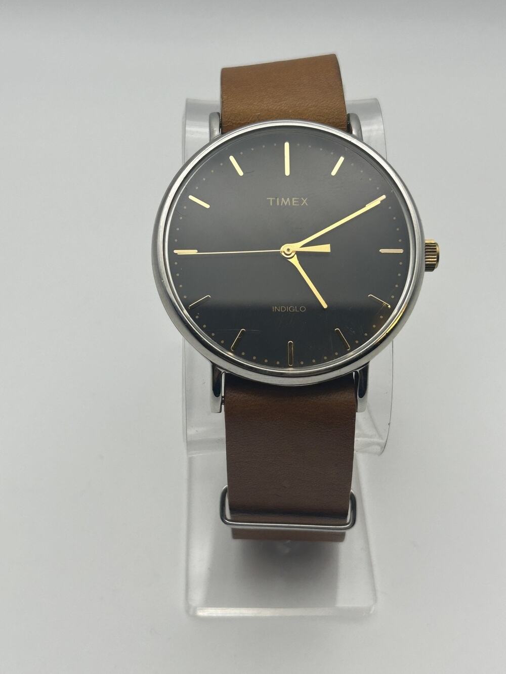Timex Fairfield 41mm Indiglo Black Dial Gold Markers Tan Leather Slip Thru Runs
